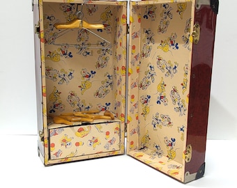 1950s Collectible 16" Doll Steamer Trunk, Garnet Red, Lined with Disney Characters Paper, Drawer, Oak Hangers, Wire Hangers, Very Clean