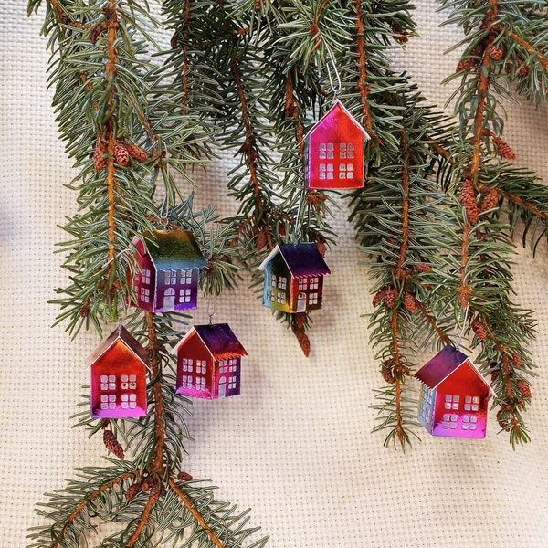 Six Miniature Putz House Christmas Ornaments, (#2), 6 Tiny Glossy Rainbow Houses w Windows & Doors, Very Light Weight for the Smallest Tree