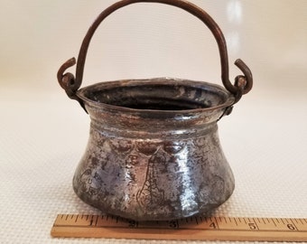 Antique Tin Plated Copper Pot, Copper Cauldron, Etched Bucket, Decorated Pail, Hand Hammered, Cooking Pot, Water Pail, Etched Metal