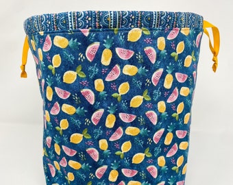 Scarf Sack: Lemon and Watermelon Pattern Project Bag, Yarn, Knitting and Crochet storage with Zipper Pouch