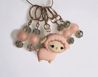 Sheep with frosted pink stitch marker, stitch markers, beaded charm, knitter gift, luxury knitting notion, ready to ship, crochet