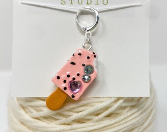 Ice cream bar charm stitch marker, knitting gift, crochet gift, pink rhinestone
