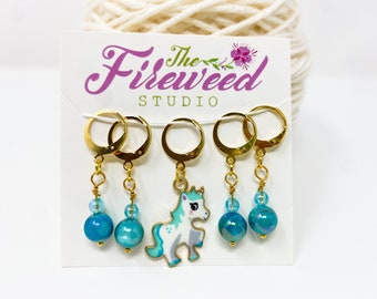 Teal blue unicorn with beads stitch markers, stitch marker, luxury knitting notion, gift for knitters, gift, crochet