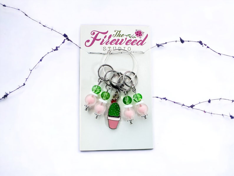 Cactus charm with matching beads stitch markers, beaded charm, knitter gift, luxury knitting notion, ready to ship, crochet image 5
