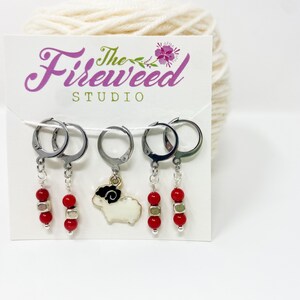 Sheep ram ewe red & silver beads stitch marker, stitch markers, beaded charm, knitter gift, luxury knitting notion, ready to ship, crochet