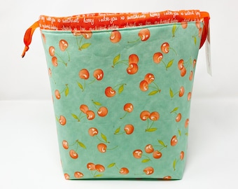 Scarf Sack: Cherry Pattern Project Bag, Yarn, Knitting and Crochet storage with Zipper Pouch