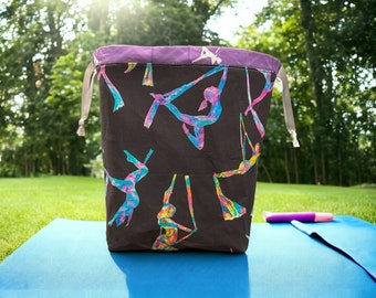 Watercolor aerial silk yoga with purple lining knitting bag, project bag, crochet, knit, medium scarf sack, ready to ship