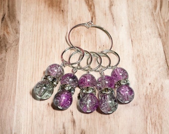 Purple yarn ball charms with rhinestone stitch marker, stitch markers, beaded charm, knitter gift, luxury knitting notion, ready to ship