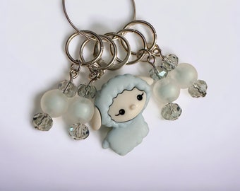 Sheep with frosted blue stitch marker, stitch markers, beaded charm, knitter gift, luxury knitting notion, ready to ship, crochet