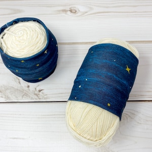 Gold stars on blue yarn hugger, yarn coat, yarn bowl, skein skin, knitting crochet notion, gift for knitter, yarn storage