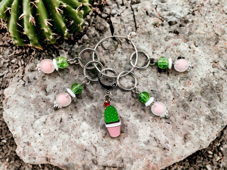 Cactus charm with matching beads stitch markers, beaded charm, knitter gift, luxury knitting notion, ready to ship, crochet image 1