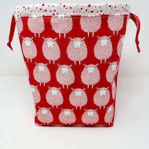 White sheep on red with red dot lining knitting bag, project bag, crochet, knit, medium scarf sack, ready to ship