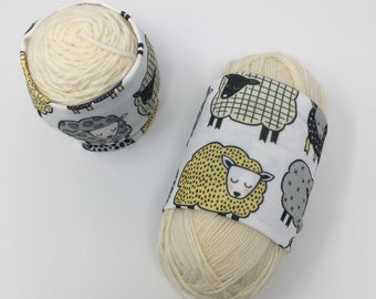 Yellow doodle sheep, yarn hugger, yarn wrap, yarn bowl, skein coat, knitting crochet notion, yarn storage, yarn sleeve, gift for knitter