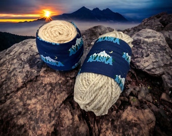 Alaska with moon over mountain large yarn hugger, yarn wrap, portable yarn bowl, husky hugger, knitting notion, yarn sleeve