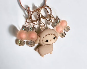 Sheep with frosted coral stitch marker, stitch markers, beaded charm, knitter gift, luxury knitting notion, ready to ship, crochet