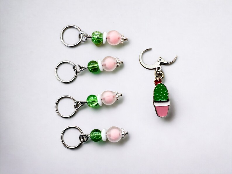 Cactus charm with matching beads stitch markers, beaded charm, knitter gift, luxury knitting notion, ready to ship, crochet image 2