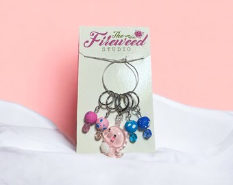 Pink T-Rex Dino Stitch Markers: Beaded Knitting Crochet Notions, Set of 5