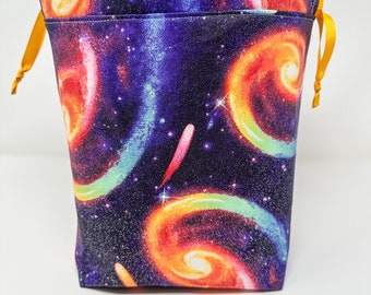 Sparkle galaxy space pattern with yellow lining  knitting bag, project bag, crochet, knit, medium scarf sack, ready to ship