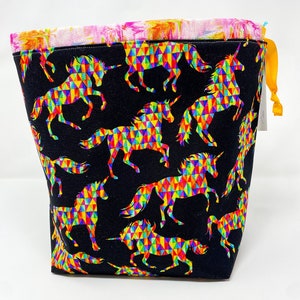 Rainbow geometric unicorns bag, project bag, crochet, knit, medium scarf sack, ready to ship