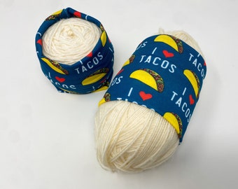 I heart tacos yarn hugger, yarn coat, portable yarn bowl, skein coat, knitting crochet notion, yarn storage, yarn wrap