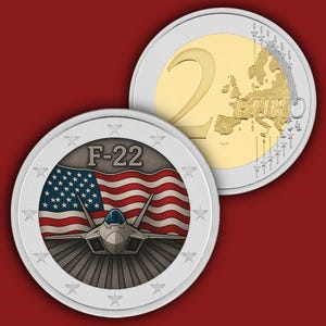 USA F-22 FIGHTER JET 2 Euro Coloured Unc Color Coin