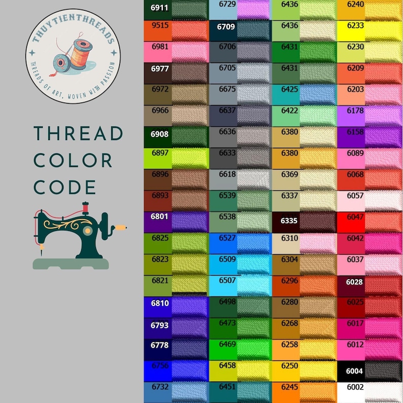 K&ouml;nnte beinhalten: Eine Farbkarte f&uuml;r Stickgarn mit einer gro&szlig;en Auswahl an Farbt&ouml;nen und den entsprechenden Farbcode. Das Bild enth&auml;lt ein Logo mit Garnrollen und den Text "Thread Color Code". Eine Illustration einer Vintage-N&auml;hmaschine ist ebenfalls vorhanden.