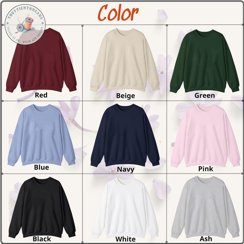 K&ouml;nnte beinhalten: Neun Sweatshirts mit Rundhalsausschnitt in verschiedenen Farben: Rot, Beige, Gr&uuml;n, Blau, Marine, Rosa, Schwarz, Wei&szlig; und Asch. Das Wort "Color" steht oben. Das Markenlogo befindet sich oben links.