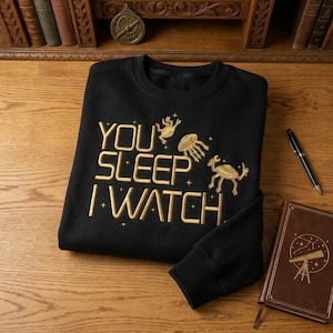 May include: Black sweatshirt with gold embroidered text that reads "YOU SLEEP I WATCH" with whimsical celestial creature designs. A pen and a journal with a telescope design are also visible.