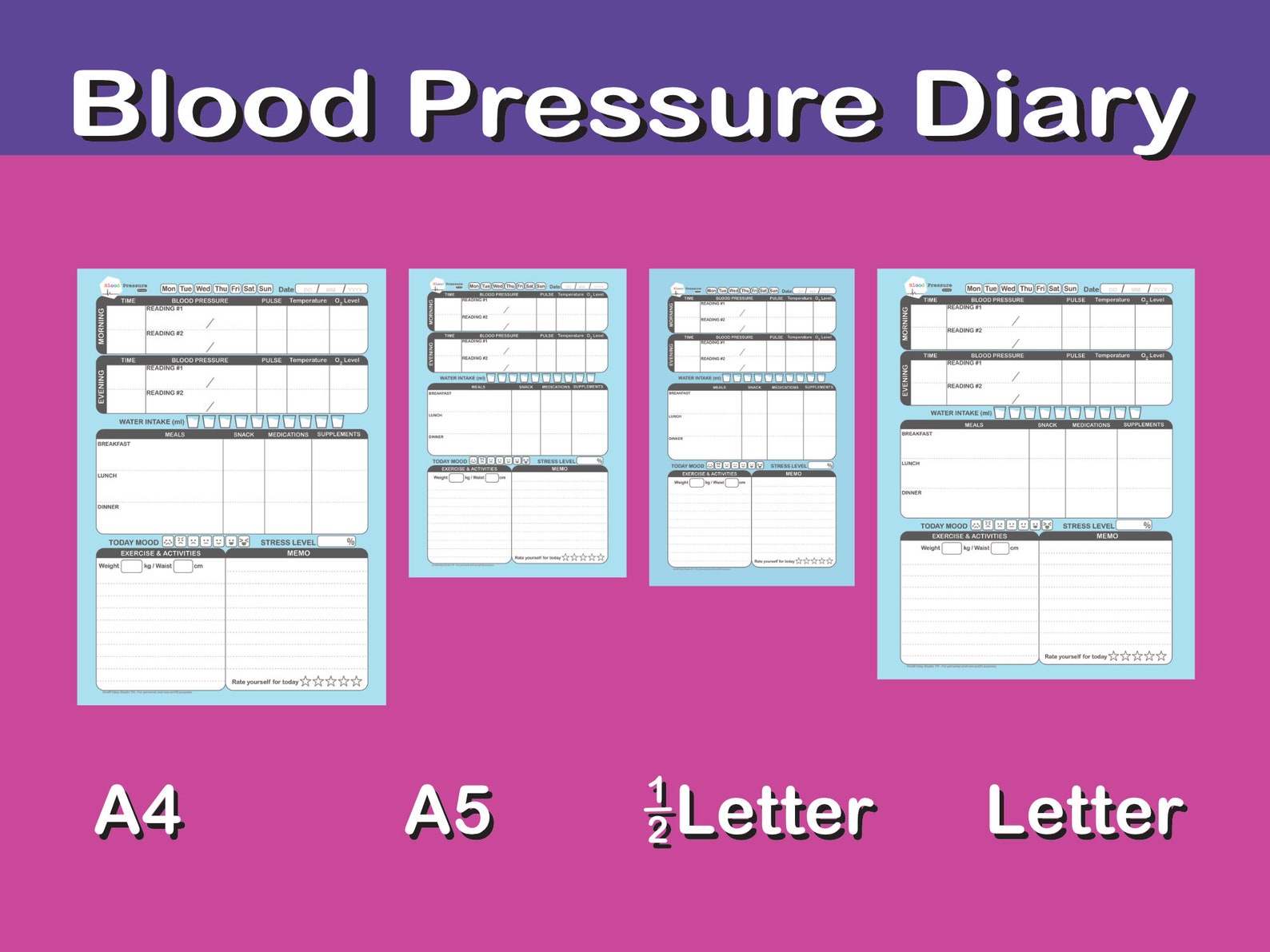 Blue Printable Blood Pressure Tracker Journal Single Page Etsy