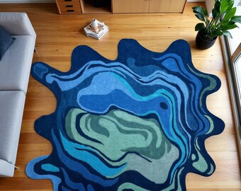 Abstract Organic Shape Rug, Blue Contemporary Area Rug, Modern Artistic Carpet, Irregular Shape Statement Rug, Designer Living Room Rug