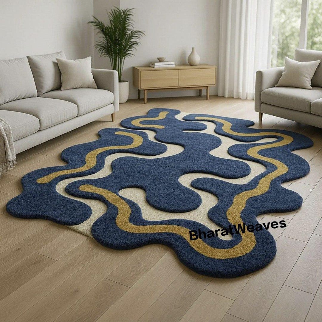 Modern Abstract Hand Tufted Wool Rug, Blue Gold Wave Area Rug ...