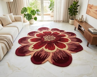 Rode bloemvorm vloerkleed – handgetuft wollen tapijt | Gebloemd vloerkleed voor woonkamer | Aangepaste formaten | Moderne woondecoratie