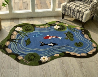 Koi Fish Shaped Rug, Hand-Tufted Wool Water Lily Pond Design, Japanese-Inspired Nature Area Rug for Living Room, Bedroom, Meditation Space