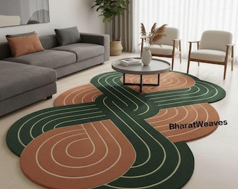 Modern Geometric Curve Rug | Hand-Tufted Wool Carpet | Custom Size Abstract Designer Rug | Green & Terracotta Organic Shape Area Rug