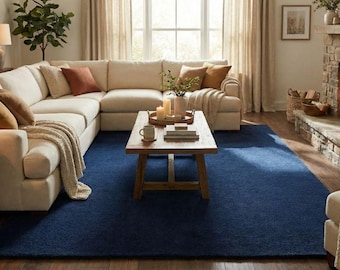 Solid Blue Hand Tufted Wool Rug | Modern Minimal Area Rug | Navy Blue Handmade Rug | Living Room Bedroom Carpet| 5x8