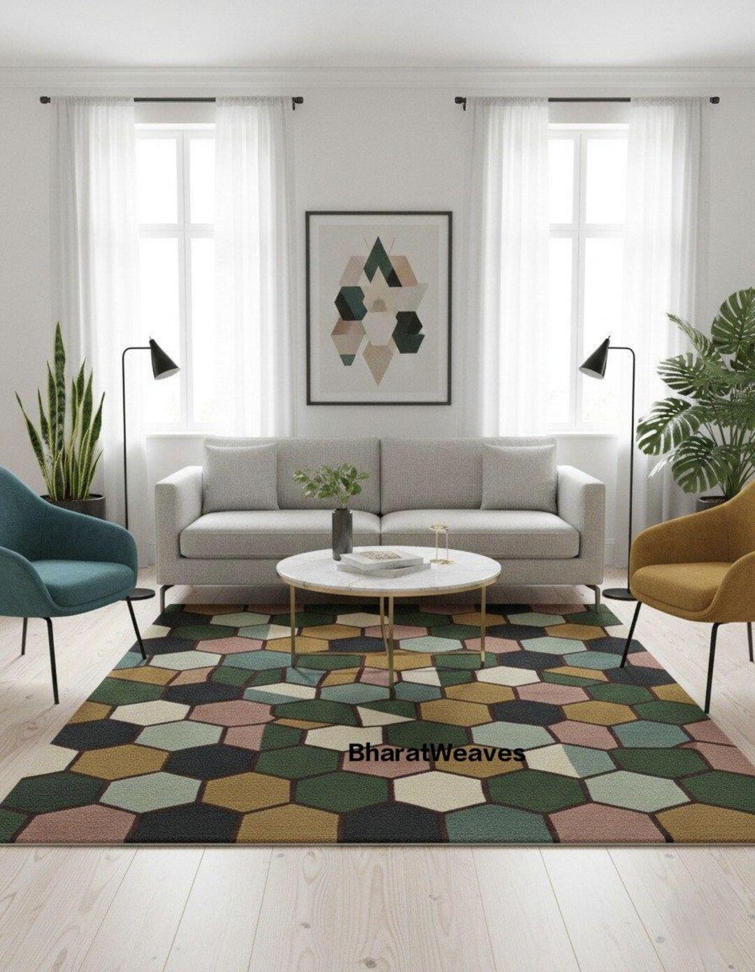 Decagon Rug Modern Geometric Hexagon Wool Rug – Hand‑tufted, Multi‑color, Handmade ...