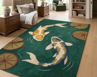 Koi Pond Fish Hand Tufted Rug – Japanese Inspired Art Rug, Nature Theme Area Rug for Living Room, Bedroom & Home Decor