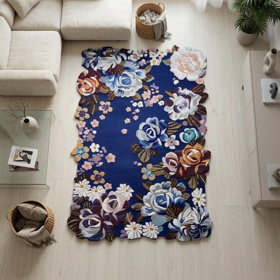 Hand Tufted Wool Floral Rug, Blue Botanical Area Carpet, Modern Bloom ...