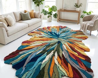 Luxe bladvormig handgemaakt vloerkleed — handgetuft wollen vloerkleed| Veelkleurig tapijt voor moderne kunst | Aangepast formaat | Designvloerdecor woonkamer