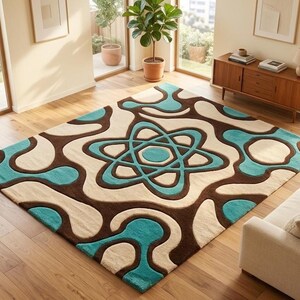 Alfombra de mediados de siglo, tejida a mano, mezcla de lana en tonos marrón, crema y turquesa, diseño abstracto atómico.
