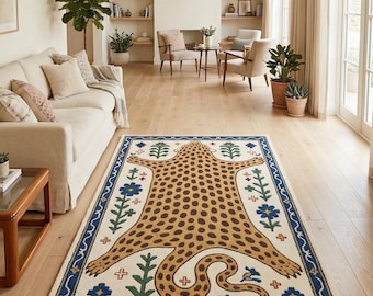 Leopard Hand Tufted Rug, Animal Print Wool Carpet, Modern Safari Jungle Decor Rug, Boho Living Room Floor Mat, Unique Handmade Rug