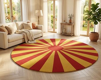 Hand Tufted Wool Sunburst Rug – Round Red Yellow Area Carpet