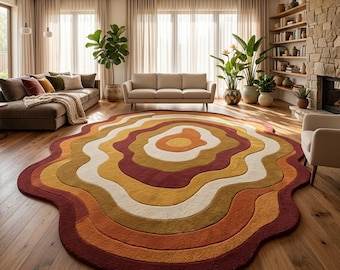 Modern abstract handgetuft tapijt, wollen vloerkleed met onregelmatige golvende vorm, retro Scandinavisch statementtapijt, woondecoratie woonkamer slaapkamer