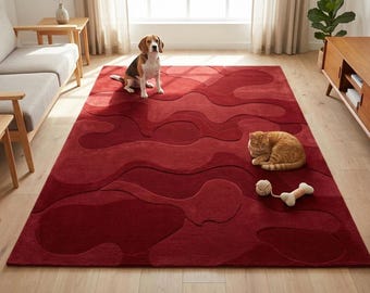 Hand Tufted Red Abstract Wool Rug | Sculpted Contemporary Area Carpet for Modern Living Rooms, Bedrooms, and Studios