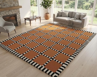 Bruin geruit handgetuft tapijt, wollen vloerkleed geometrisch raster, modern slaapkamertapijt, Scandinavisch woonkamerstatementtapijt