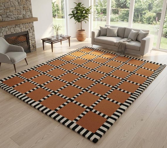 Brown Checkered Hand Tufted Rug, Geometric Grid Wool Area Rug, Modern Bedroom Carpet, Scandinavian Living Room Statement Rug