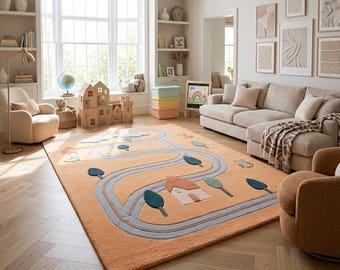 Kids Play Rug Hand Tufted, Road Map Nursery Carpet, Baby Play Mat, Kids Room Decor Rug, Educational Toy Rug, Soft Wool Area Rug
