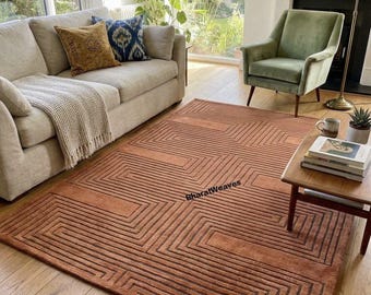 Handgetuft bruin wollen vloerkleed – modern vloerkleed met geometrisch patroon, premium handgemaakt tapijt, woonkamer- en slaapkamerinrichting 5 x 8