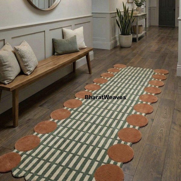 Tappeto da corridoio annodato a mano / Tappeto moderno per corridoio verde e ruggine / Morbido misto lana / Design esclusivo con bordo circolare di qualità in lana pregiata