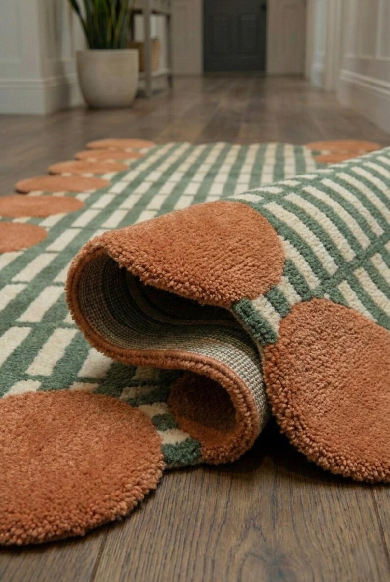 Handtufted Runner Rug | Modern Green & Rust Hallway Carpet | Soft Wool ...